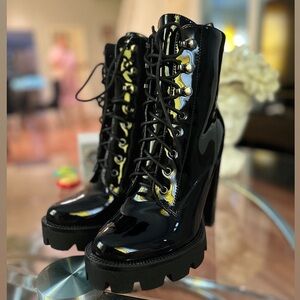 Black Patent Leather Lace-Up Boots